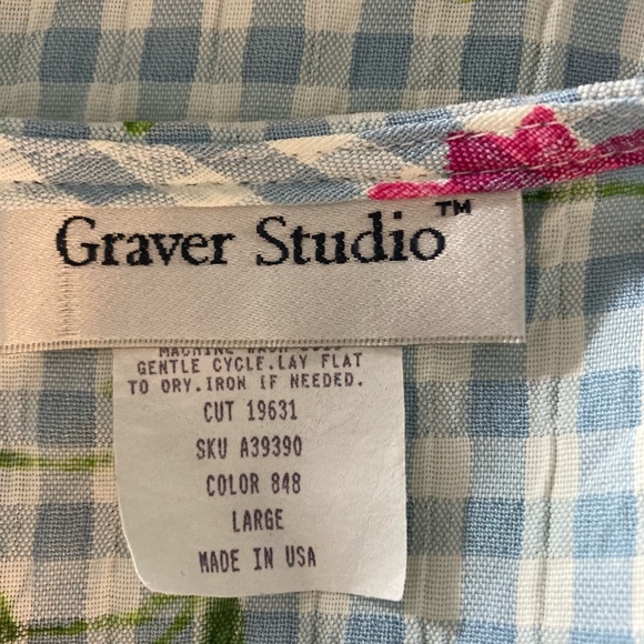 Graver Studios Blue Gingham Floral L summer Blouse Cool  Fun Made In USA - Picture 4 of 4